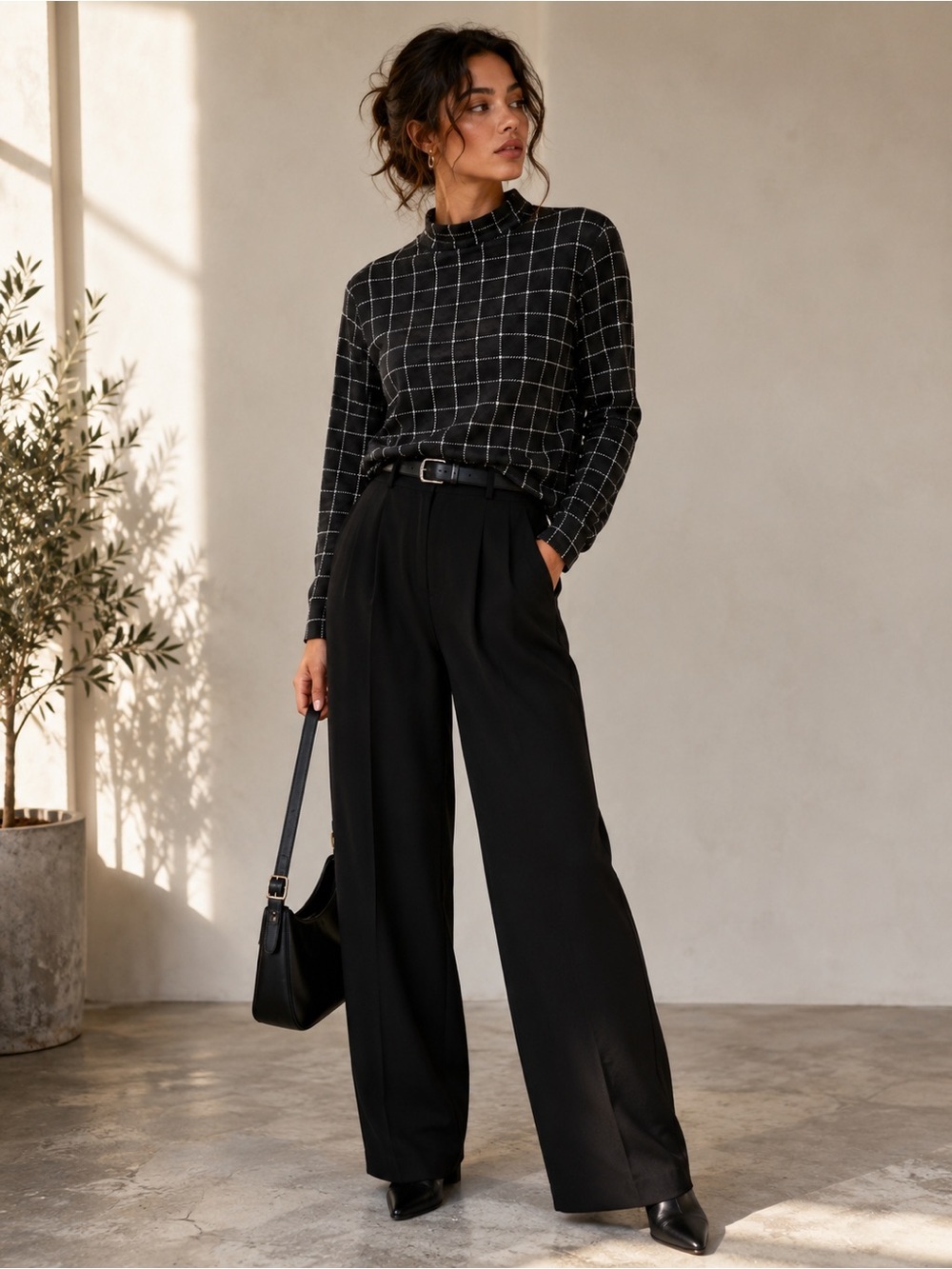 Black & White CabinCore Windowpane Mock Neck Top Medium (10–12) Old Money Style - Picture 7 of 7
